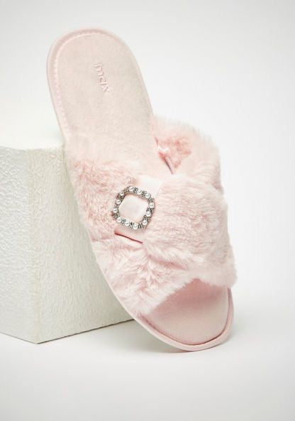 MAX Embellished Plush Textured Cross Strap Bedroom Slides