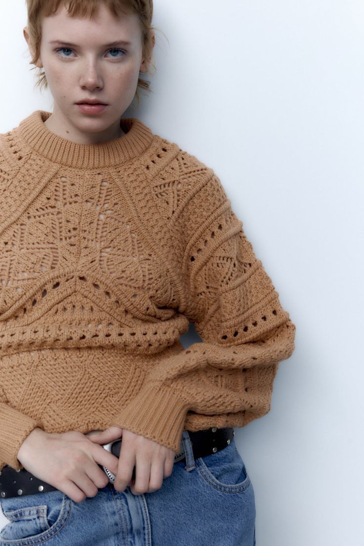 Zara Taupe Brown Wool Blend Open Knit Sweater