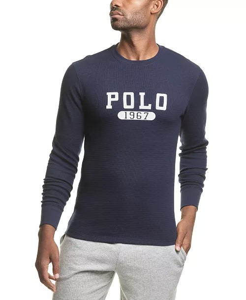 Navy Polo Ralph Lauren Men's Polo 1967 Logo Waffle-Knit Thermal Crew-Neck T-Shirt