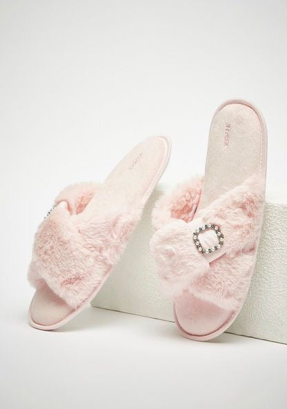 MAX Embellished Plush Textured Cross Strap Bedroom Slides