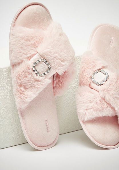 MAX Embellished Plush Textured Cross Strap Bedroom Slides