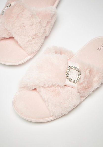 MAX Embellished Plush Textured Cross Strap Bedroom Slides