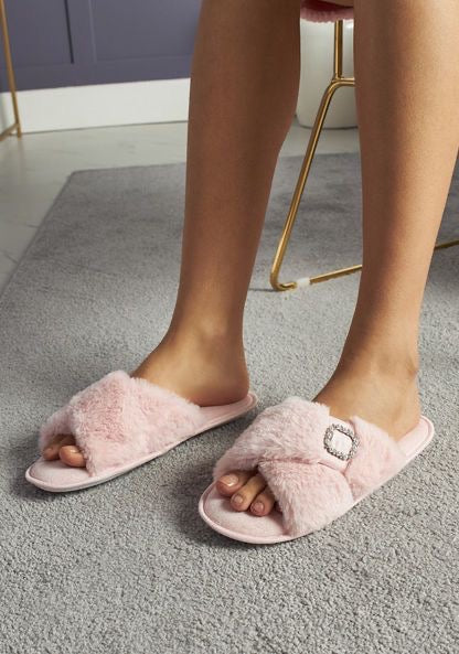 MAX Embellished Plush Textured Cross Strap Bedroom Slides