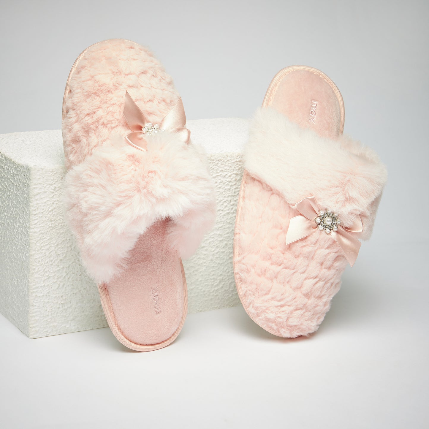 MAX Pink Studded Fur Textured Slip-On Bedroom Mules