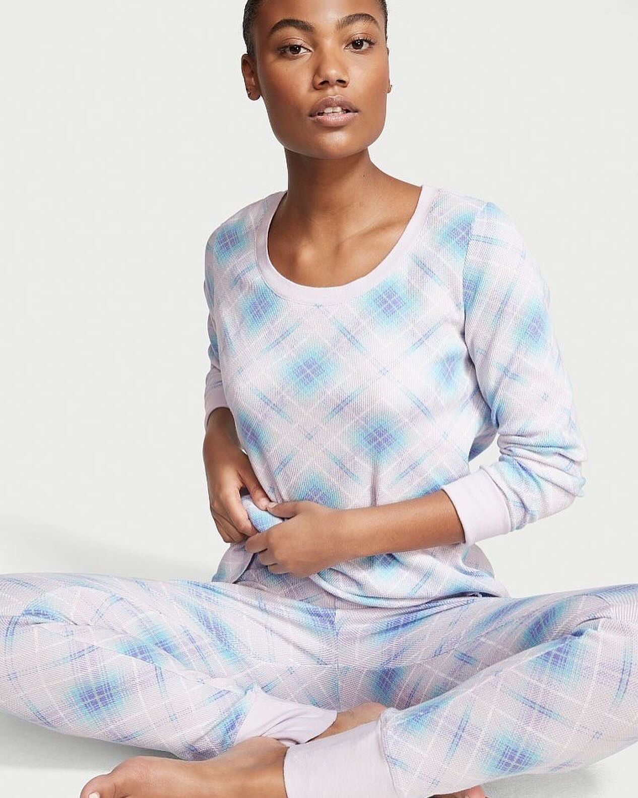 Victoria's Secret Thermal Long Pajama Set- Plaid blue
