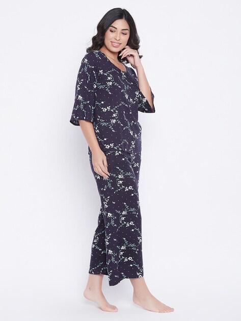 Clovia Women Navy Blue Floral Printed Pajama