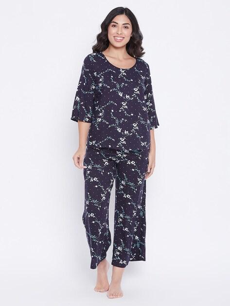 Clovia Women Navy Blue Floral Printed Pajama