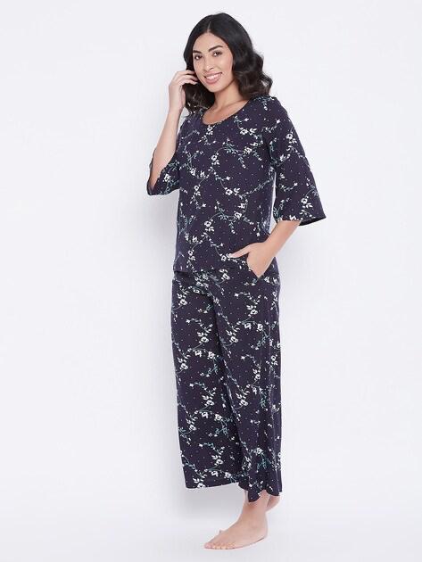 Clovia Women Navy Blue Floral Printed Pajama