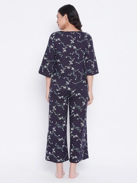 Clovia Women Navy Blue Floral Printed Pajama