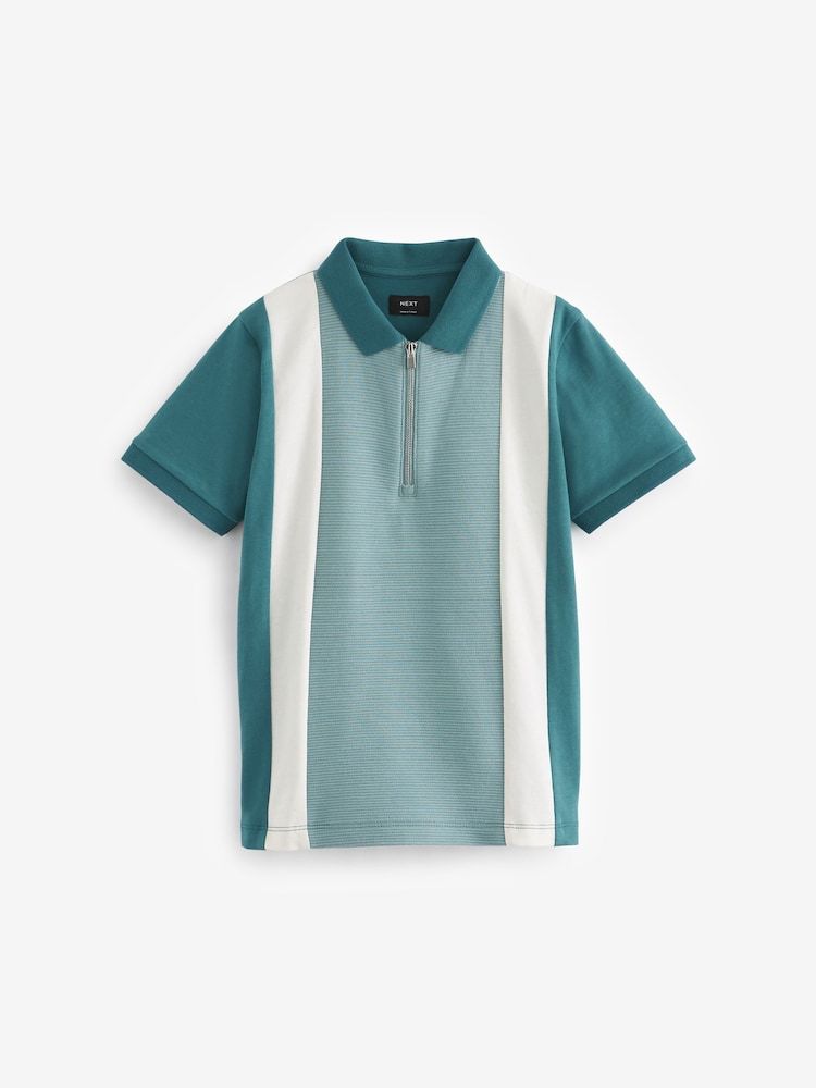 NEXT Green Vertical Colourblock Short Sleeve Zip Neck Polo Shirt