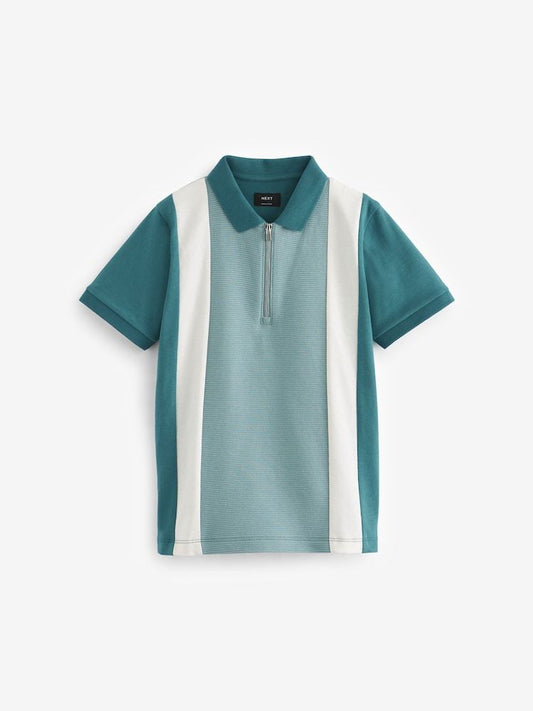 NEXT Green Vertical Colourblock Short Sleeve Zip Neck Polo Shirt