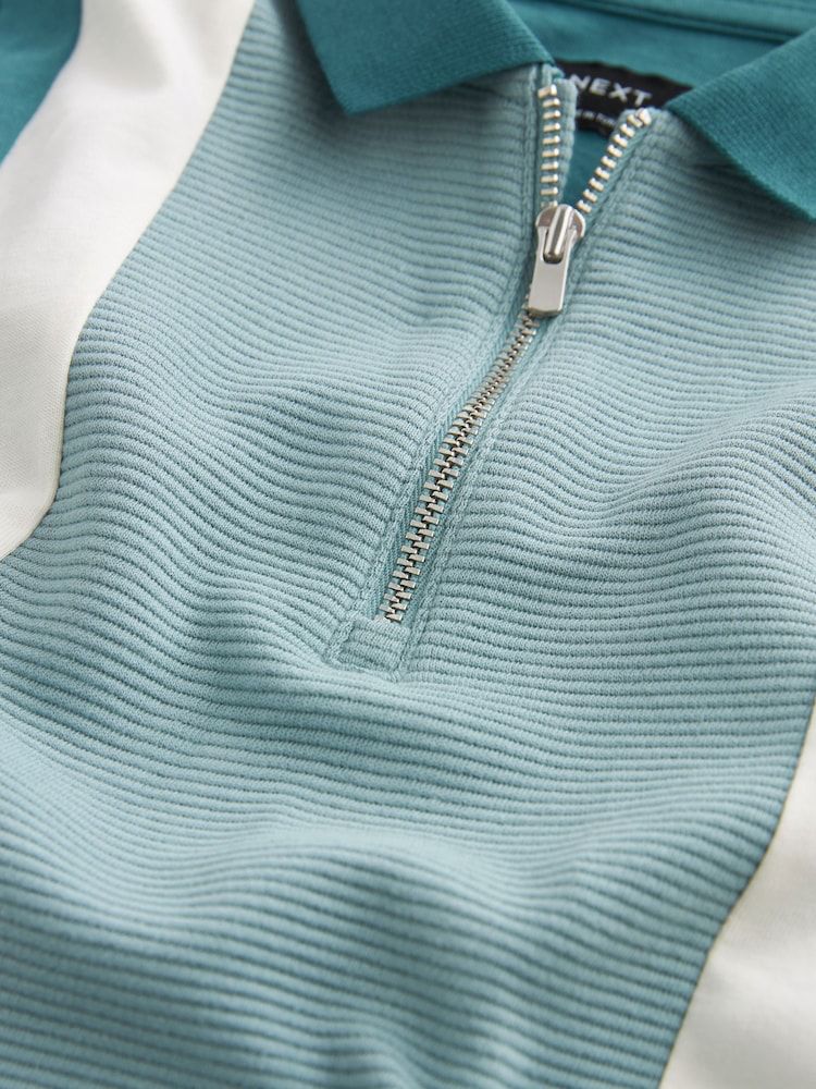 NEXT Green Vertical Colourblock Short Sleeve Zip Neck Polo Shirt
