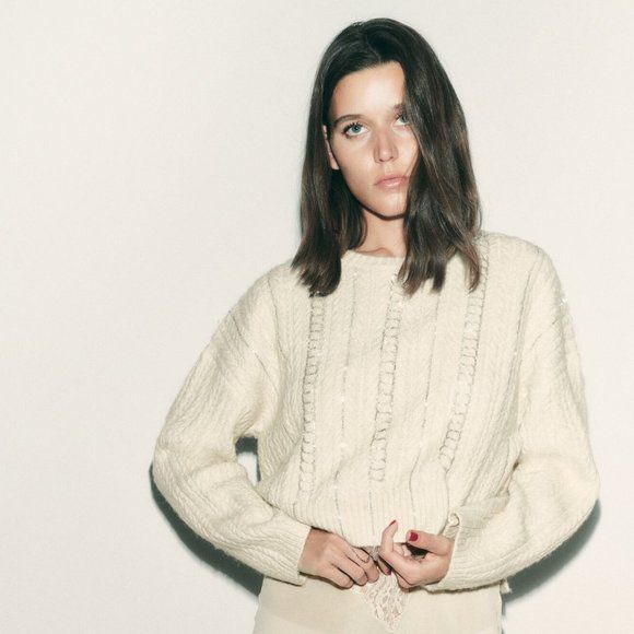 Zara Rhinestone Embellished Openwork Knit Sweater