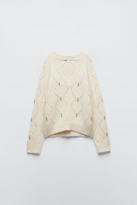 Zara Beaded Argyle Knit Pullover