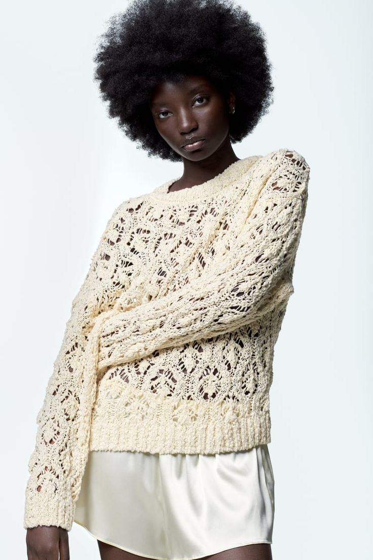 Zara Offwhite Open Knit Cotton Sweater