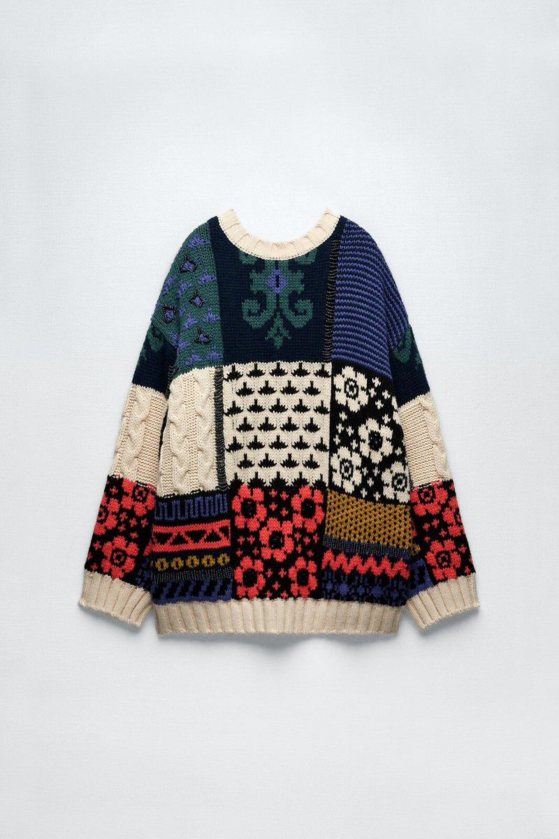 Zara Patchwork Wool Blend Beaded Knit Sweater Limited Edition