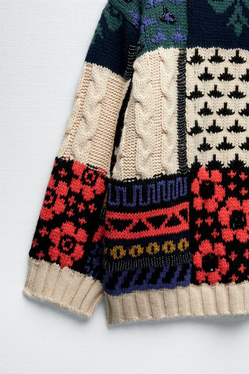 Zara Patchwork Wool Blend Beaded Knit Sweater Limited Edition