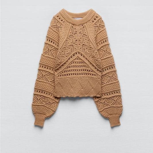 Zara Taupe Brown Wool Blend Open Knit Sweater