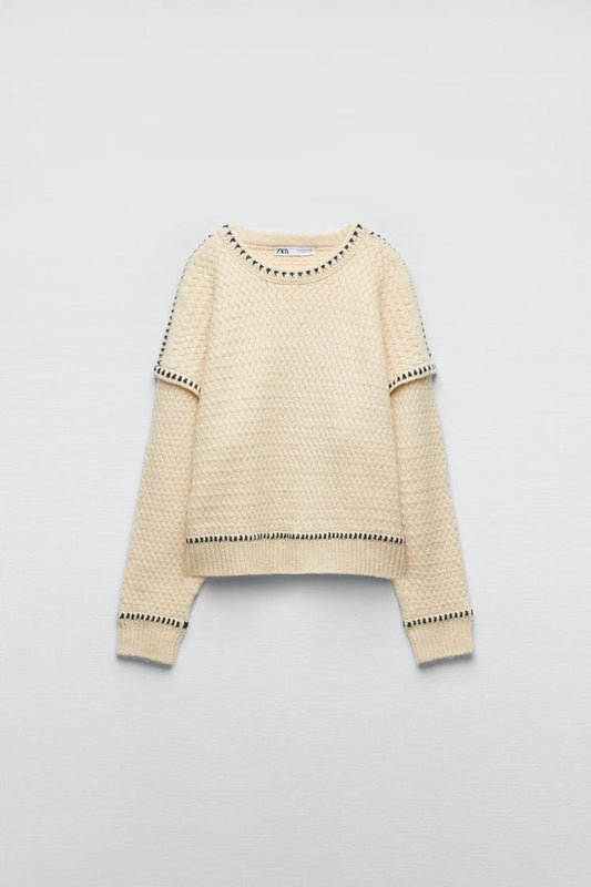 Zara Cream Sweater with Cross-Stitch